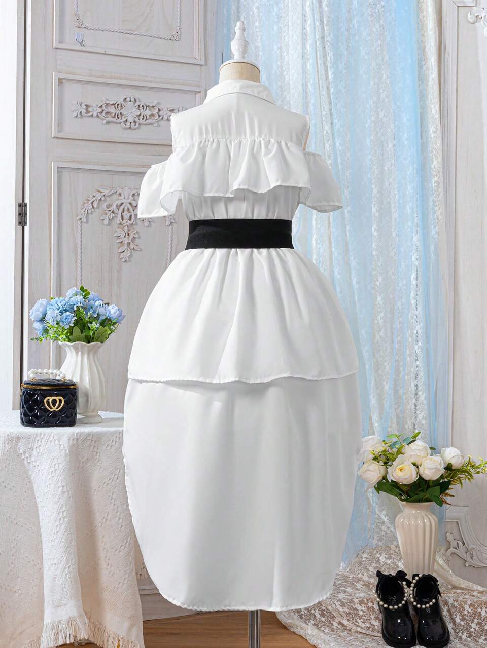 One Piece Off-Shoulder Asymmetrical Hem Colorblock Dress With Ruffle Trim Waist Belt For Tween Girls
