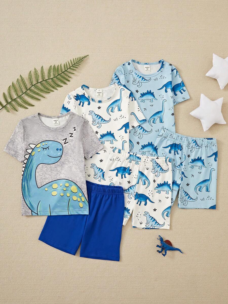 Young Boy 6pcs Cute Cartoon Dinosaur Printed Round Neck Snug Fit T-Shirt And Shorts Set, Home Wear - Blue - View 1