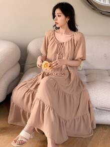 DAZY Women's Short Puff Sleeve A-Line Dress With Round Neck And Belt Design Sundress