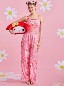 HELLO KITTY AND FRIENDS | SHEIN Conjunto de pijama de Camiseta con Estampado de Melodía Rosada de Dibujos Animados y Letras y Pantalones, Lindo Conjunto de Pijama - Rosa - Ver 8