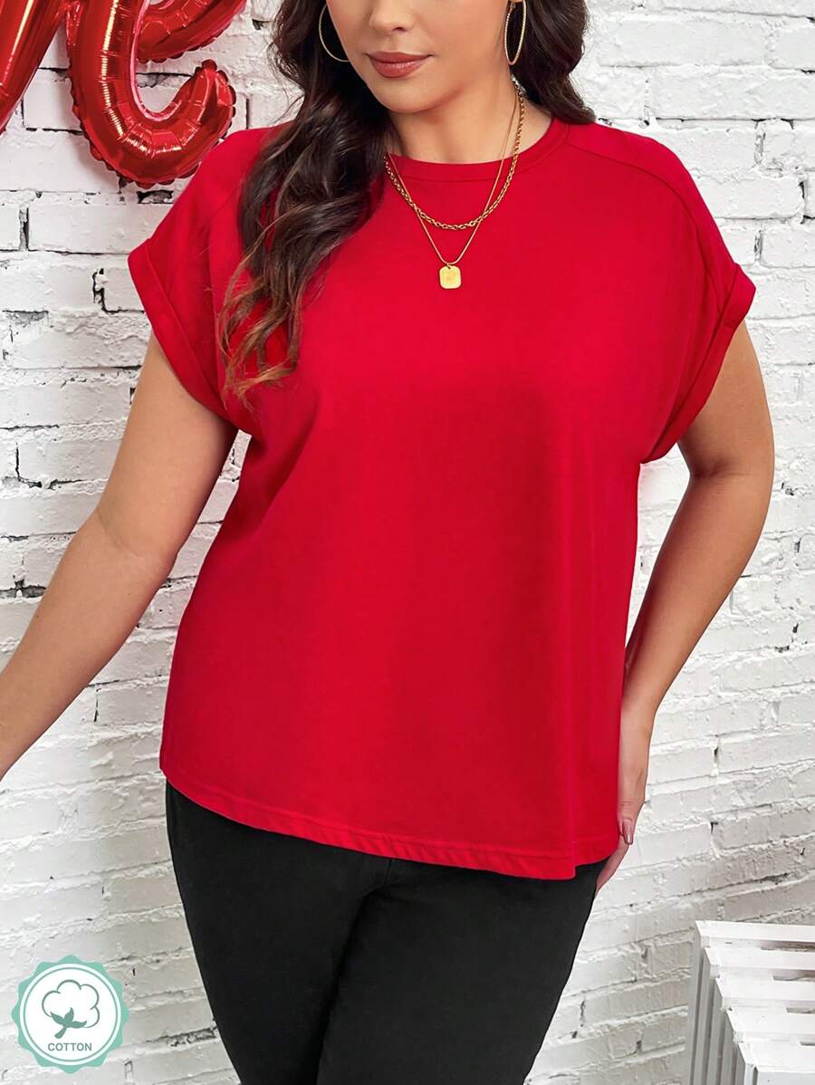 SHEIN LUNE 大码女式蝙蝠袖 T 恤秋季上衣情人节衬衫红色 T 恤舒适 - 紅色 - 查看 1