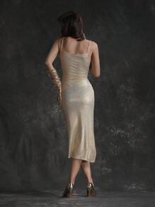 Zolique Ladies' Sexy Champagne-Colored Cami Dress With Pleats, Metallic Bubble Beads And Studs - Champagne - View 2