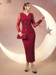 Modelyn 女士 V 领透明网眼长袖双排扣连衣裙，优雅晚会礼服 - 紅色 - 查看 6