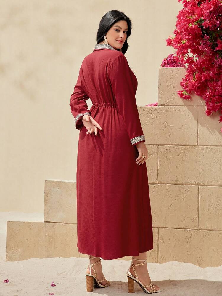 Burgundy Red Plus Size Woven Stripe Patchwork Drawstring Waist Dress