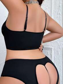 Conjunto De Lencería Provocativo De Talla Grande De Encaje Con Huecos Con Forma De Corazón (con Fondo Ondulado) - Negro - Ver 2