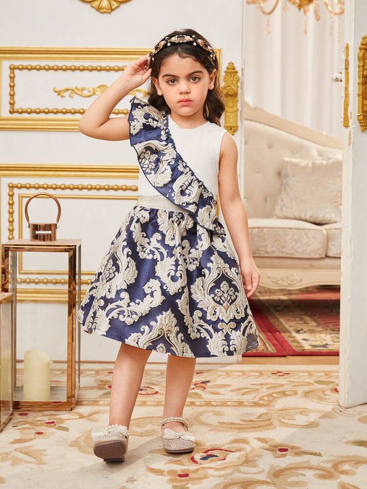 Young Girl Vintage Palace Floral Jacquard Cute Round Neck Sleeveless Top With Ruffle Edge And Skirt Set