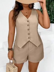 SHEIN Frenchy Plus Size Casual Suit Vest Two Pieces Set - Khaki - View 6