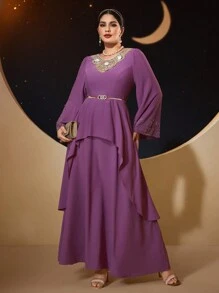 Modelyn 大码女式圆领花卉贴花装饰喇叭袖连衣裙，优雅晚会礼服长款晚礼服 - 紫色 - 查看 4