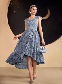 Modelyn Vestido largo de noche con cierre envolvente estampado jacquard y volantes en el bajo para mujer - Neblina azul - Ver 6