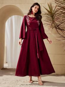 Al Najma Của phụ nữ Định vị Thêu hoa Tay áo kèn  Đầm - Đỏ - Xem 3