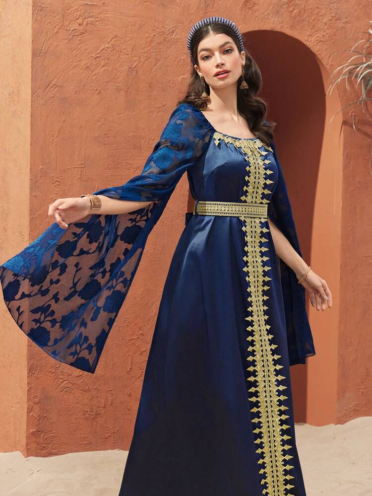 Women's Cloak Sleeve Dress With Woven Straps And Cut Flowers Patchwork Kaftan Jalabiya Dress