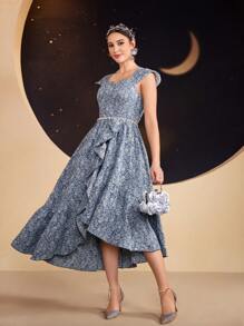 Modelyn Vestido largo de noche con cierre envolvente estampado jacquard y volantes en el bajo para mujer - Neblina azul - Ver 3