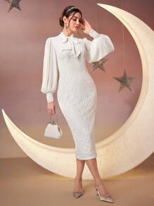 Modelyn Women's Self-Tie Lantern Sleeve Bodycon Dress Long Evening Dresses - White - View 3