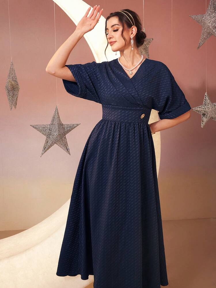 Ladies' Solid Color Jacquard Batwing Sleeve Dress Long Evening Dresses