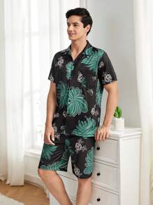 Men's Plant Printed Short Sleeve Shirt Pajama Set - Black - View 4