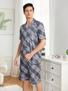 Men's Plaid Short Sleeve Homewear Set - Grey - View 5