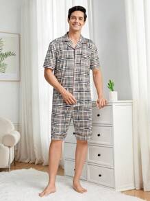 Men's Plaid Short Sleeve Homewear Set - Grey - View 3