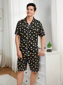 Men's Crown Pattern Short Sleeve Homewear Set - Black - View 3