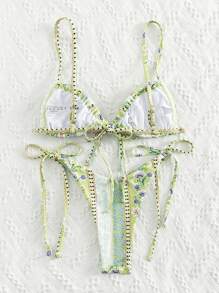 Swim Mod Summer Beach Paisley & Ditsy Floral Tie Side Bikini Set