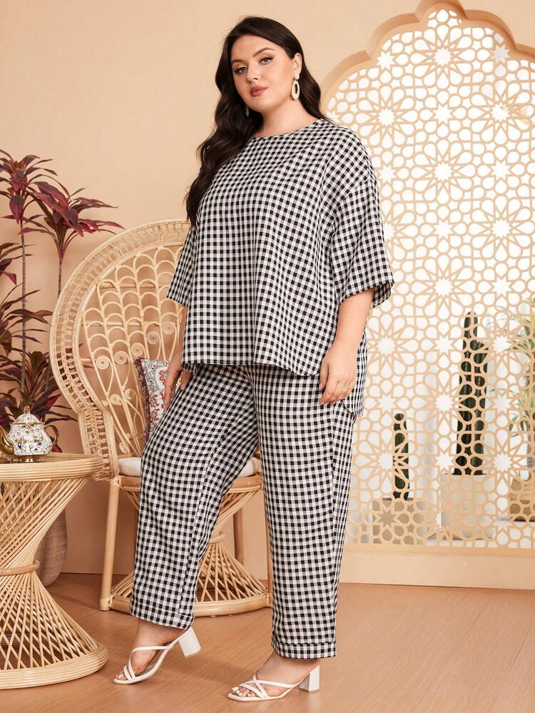 Plus Size Women's Plaid Drop Shoulder Top And Pants Set 2 Piece Set