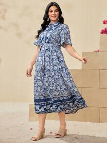 Mulvari Plus Size Ladies' Floral Print Puff Sleeve Dress - Blue - View 6