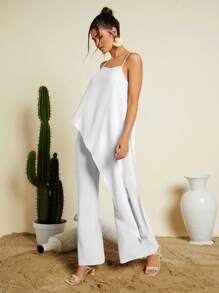 SHEIN VCAY Women's Asymmetrical Hem Tank Top And Wide Leg Pants Two Piece Set - White - View 5