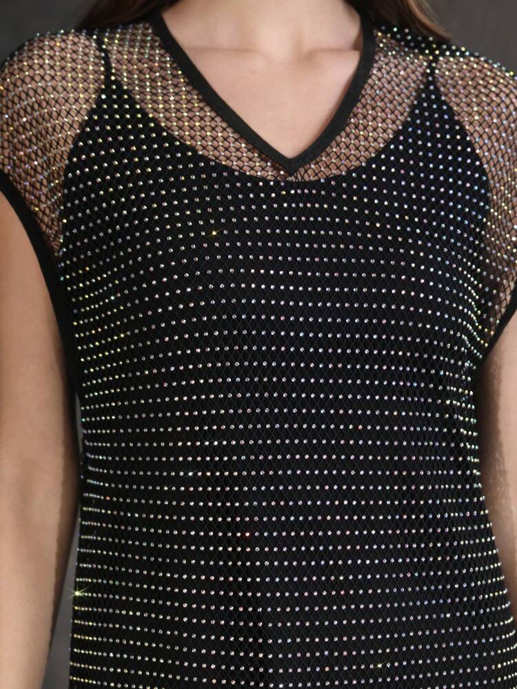 Mesh & Rhinestone Embellished Elegant Dress