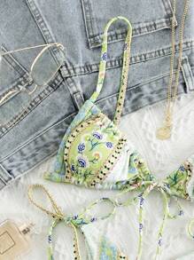 Swim Mod Summer Beach Paisley & Ditsy Floral Tie Side Bikini Set