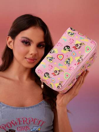 THE POWERPUFF GIRLS X SHEIN 1pc Large Capacity Cartoon Blossom, Bubbles, Buttercup Heart Pattern Foldable Cosmetic Bag, Multi-Functional Organizer Pouch With Multiple Compartments, Travel Toiletry Bag, Gift