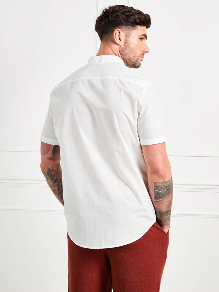 Men's Casual White Fitted Stand-Collar Short-Sleeved Shirt
