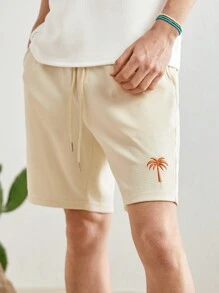 Manfinity VCAY 男士棕櫚樹印花針織休閒直筒短褲 - 杏色 - 查看 5