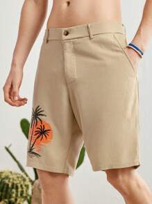 Mainfolk Men'S Casual Coconut Tree Print Straight Shorts - Khaki - View 5