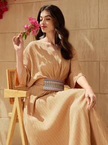 Al Najma Women's Textured Waist-Cinching Dress - Yellow - View 6