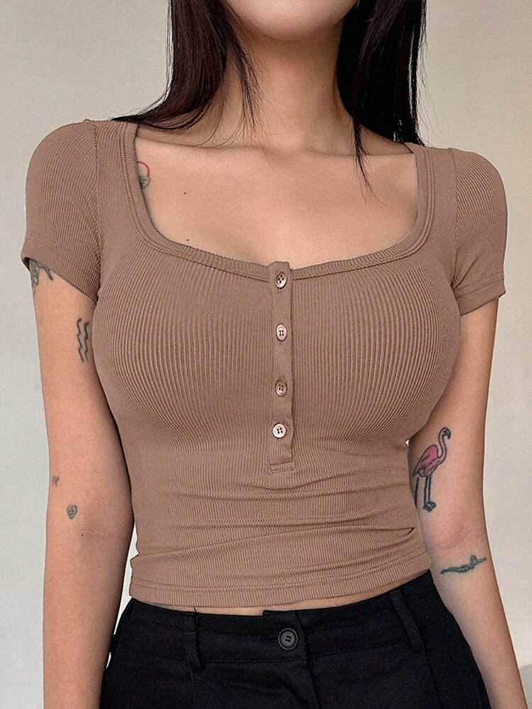 Women's Button Half Placket Ribbed Knit Tee Preppy Tops