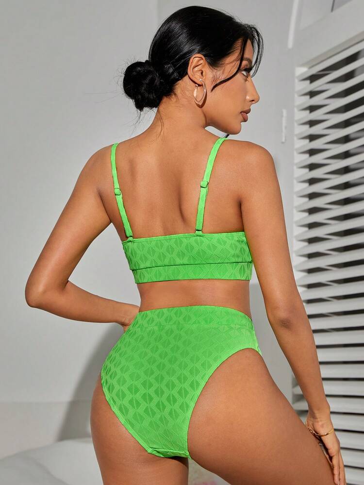 Women's Solid Color Swimwear Set, Textured V-Cut Waist Bikini Set Bathing Suit Beach Outfit Summer Vacation