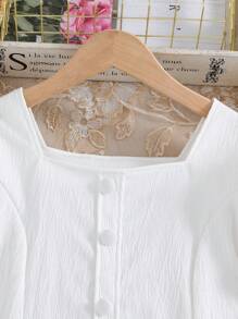 SHEIN 1pc White Puff Sleeves Cinching Waist Dress For Tween Girls - White - View 5