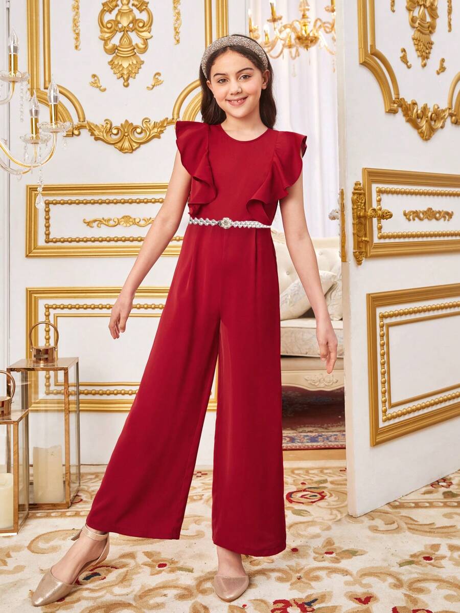 SHEIN Tween Girls' 可愛宮廷風格圓領荷葉邊連身褲長褲 - 紅色 - 查看 1
