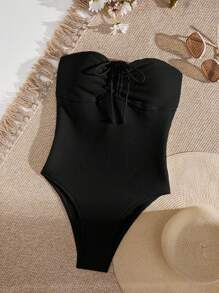 SHEIN Swim 夏季沙灘女士無肩帶單件泳衣，前面有束繩設計 - 黑色 - 查看 4