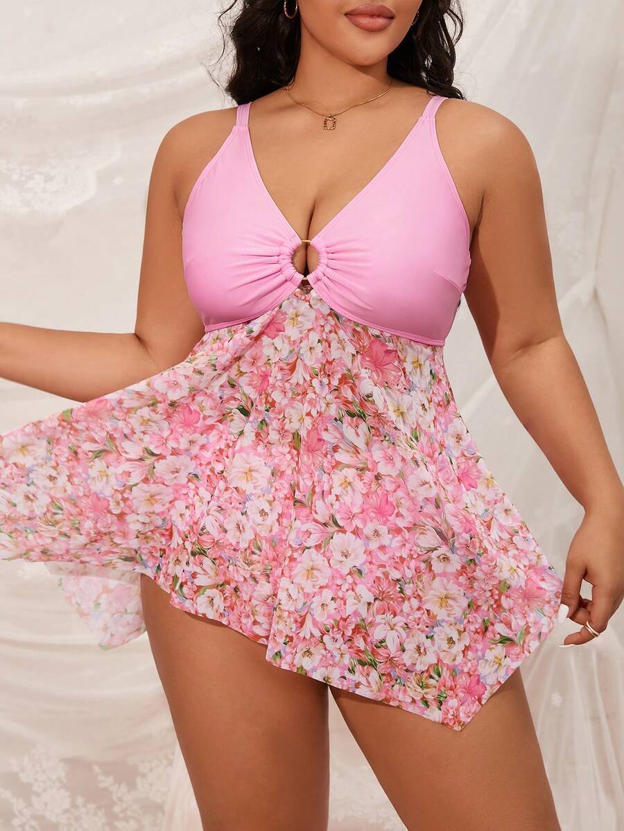 SHEIN Swim Curve Đồ bơi in hoa cỡ lớn cho nữ đi biển mùa hè có dây buộc tròn, kiểu dáng hai mảnh - Hồng - Xem 1