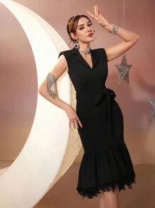 Modelyn Women's Fishtail Dress With Fluffy Hem Long Evening Dresses - Black - View 1