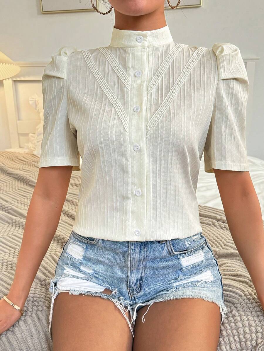 SHEIN Essnce Blusa De Cuello Alto Texturizado Con Mangas Abullonadas Para Mujer - Albaricoque - Ver 1