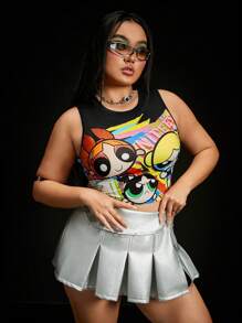 THE POWERPUFF GIRLS X SHEIN Plus Summer Cartoon And Letter Graphic Tank Top - Black - View 1
