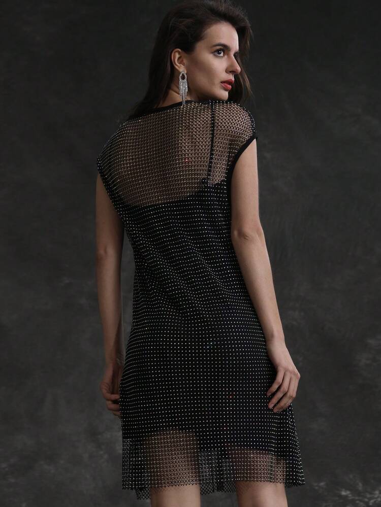 Mesh & Rhinestone Embellished Elegant Dress