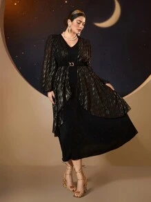 Modelyn 大码闪光拼布灯笼袖连衣裙长款晚礼服 - 黑色 - 查看 9