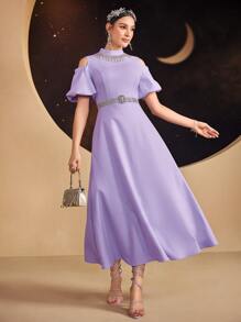 Modelyn 女式露肩泡泡袖连衣裙配水钻装饰立领长款晚礼服 - 紫色 - 查看 3