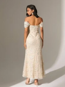 Anewsta Vestido De Mujer Con Hombros Descubiertos Y Abertura Alta - Albaricoque - Ver 3