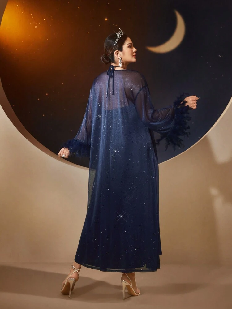 Plus Size Women's Glitter Sparkle Jacket And Halter Neck Dress Set, Patchwork Turkey Feather & Real Fur 2 Piece Set