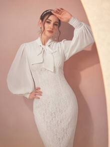 Modelyn Women's Self-Tie Lantern Sleeve Bodycon Dress Long Evening Dresses - White - View 7