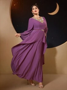 Modelyn 大码女式圆领花卉贴花装饰喇叭袖连衣裙，优雅晚会礼服长款晚礼服 - 紫色 - 查看 5
