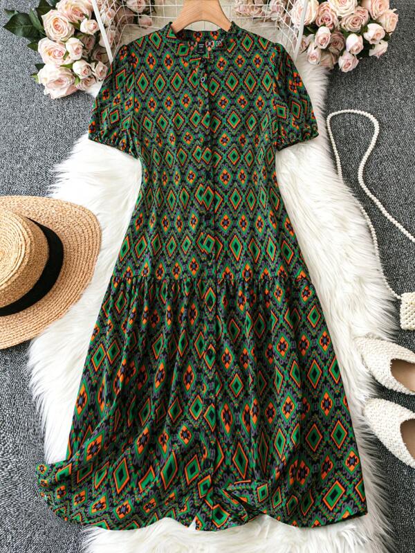 Breezaya Plus Size Women's Geometric Pattern Shirt Summer Boho Dress